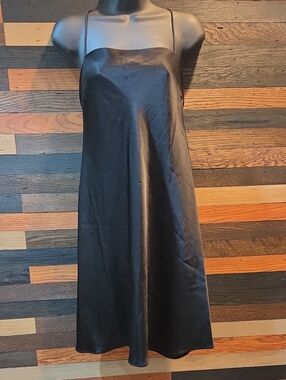 Alice + Olivia Black Satin Midi Slip Dress with Thin Straps